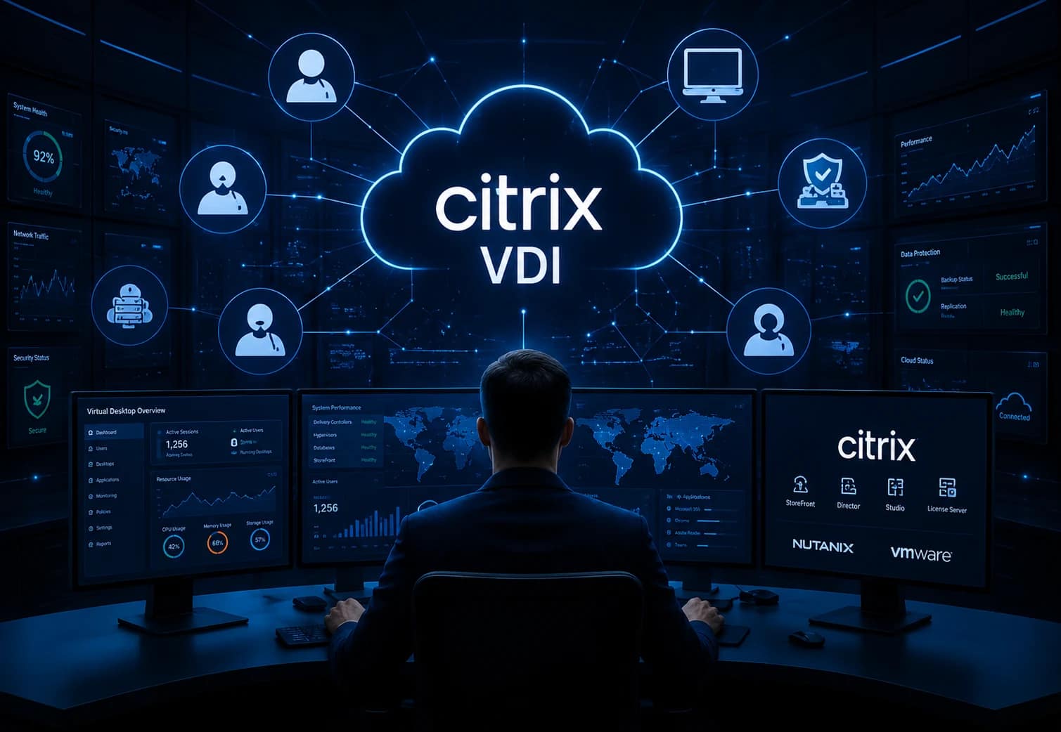 Futuristic VDI control room setup