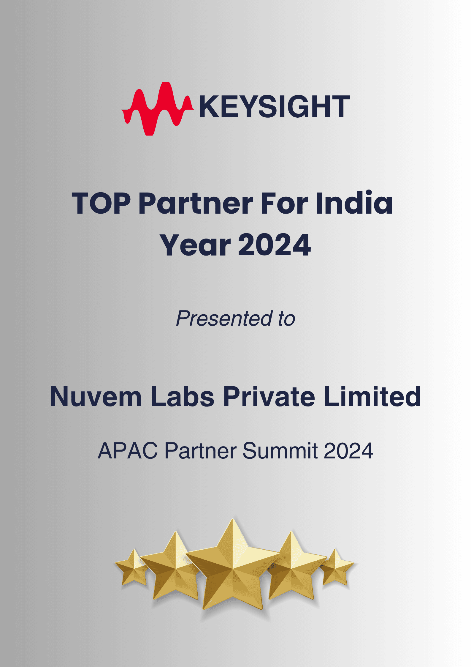 Keysight TOP Partner For India Year 2024 Keysight - Nuvem labs